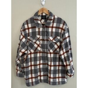 HFX Flannel Snap Jacket Women's Size L Gray & Brown Plaid W/Pockets Heavy Fabric